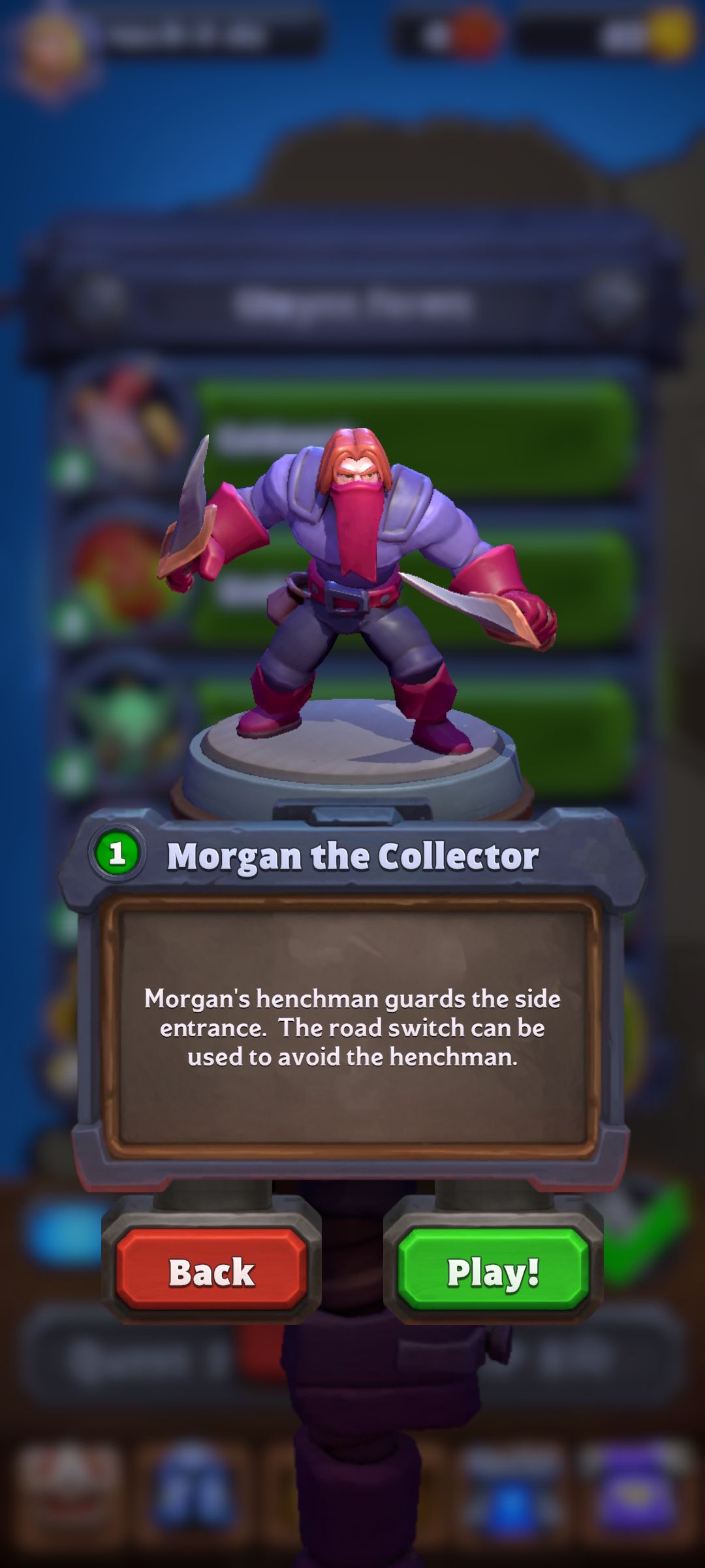 Morgan the Collector level hint with play and back button