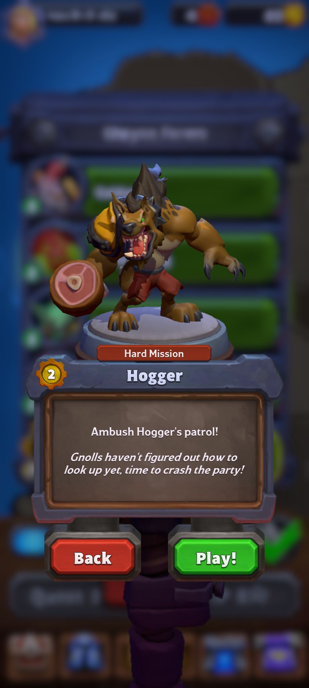 Hogger enemy level hint with play and back button