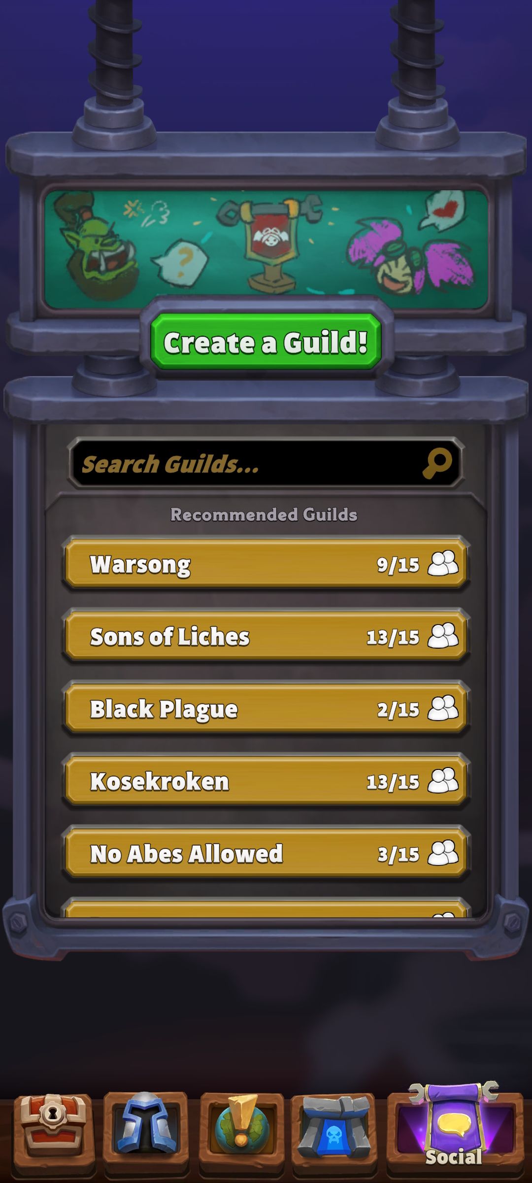 Warcraft guild overview screen under social
