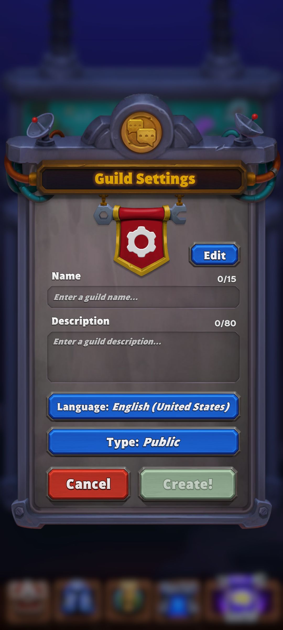 guild setting creation screen in social