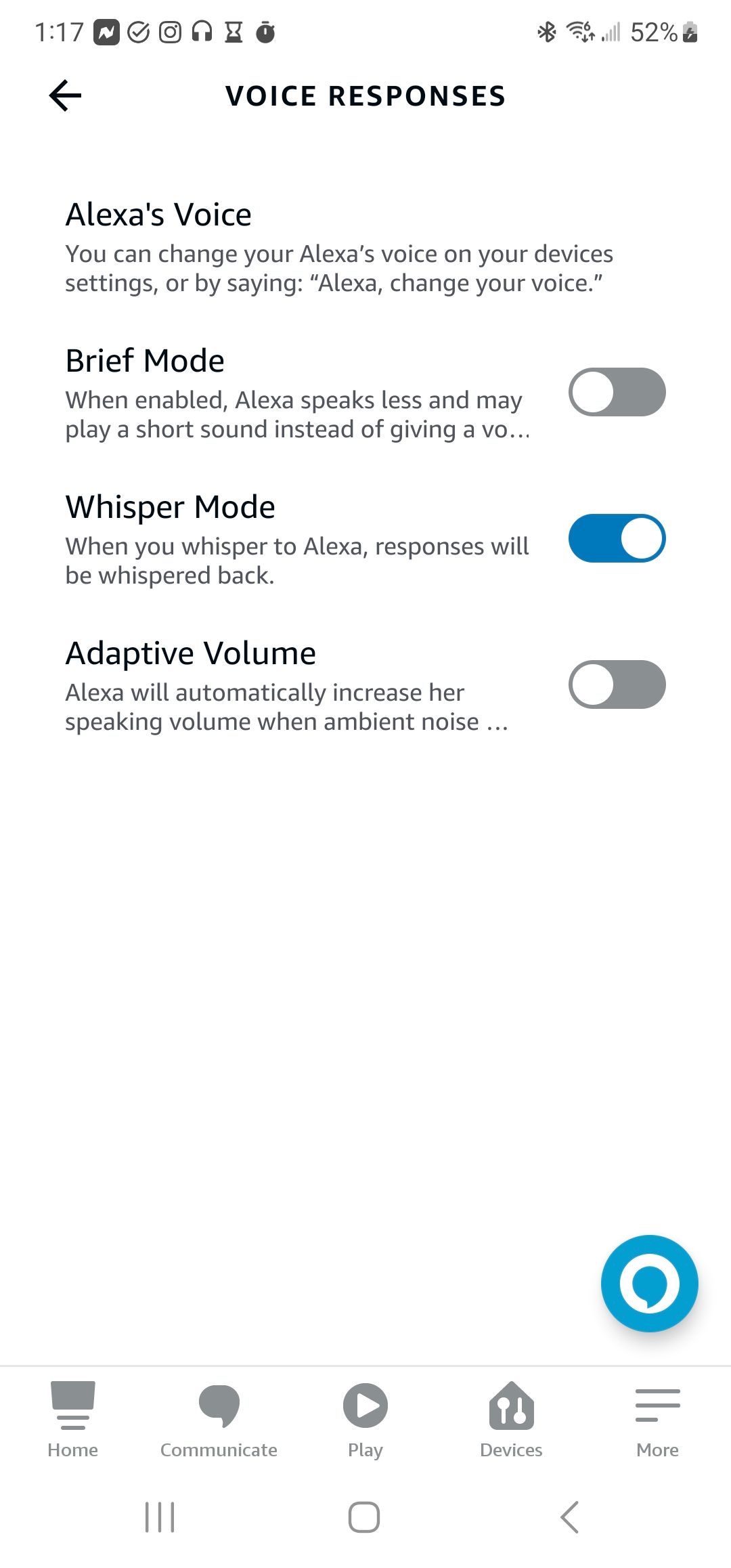 The Amazon Alexa app's "Voice Responses" page with Whisper Mode toggled on.