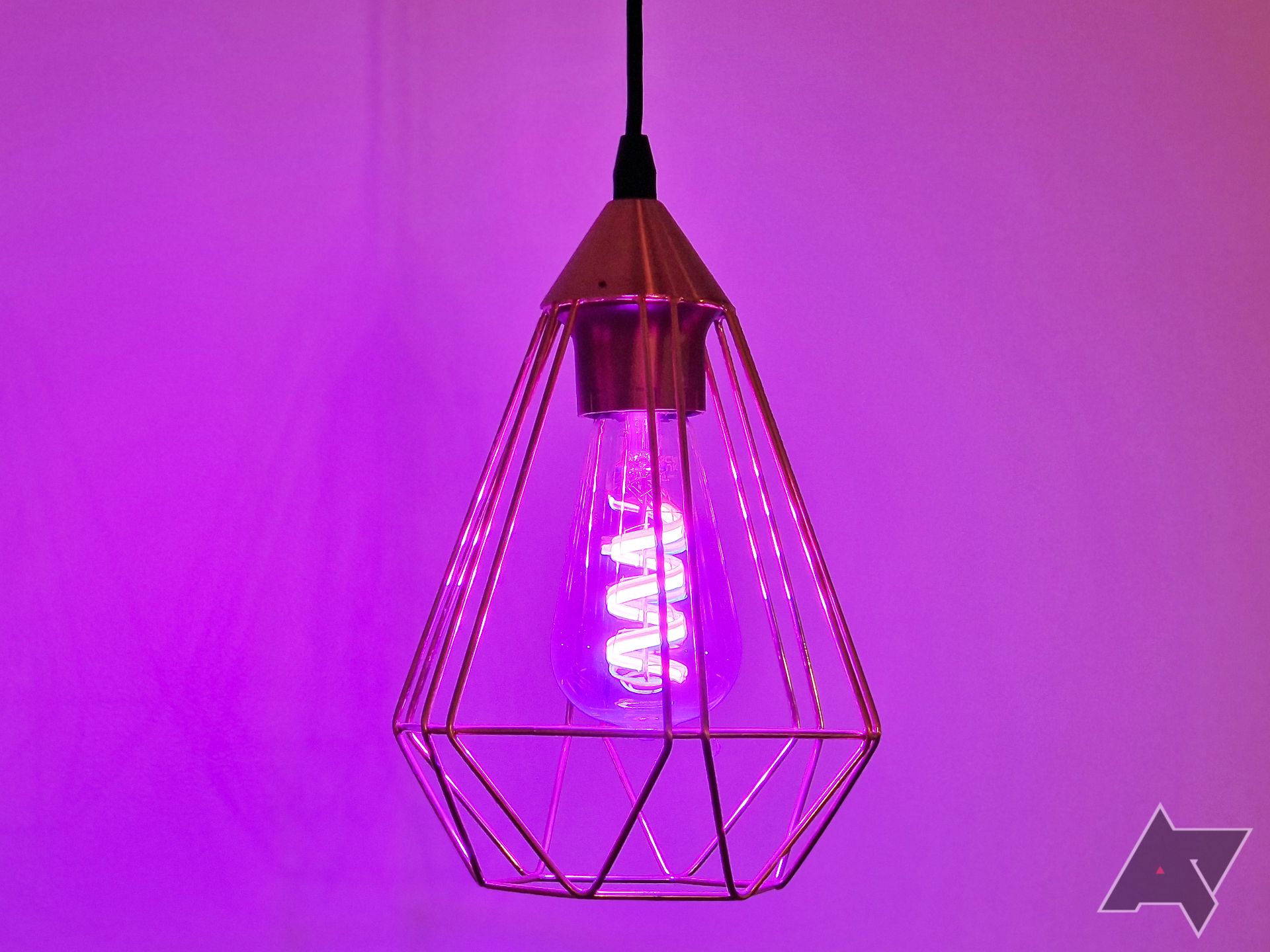 Picture of a WiZ Connected smart bulb lit up in purple, with a wall in the background reflecting the purple color