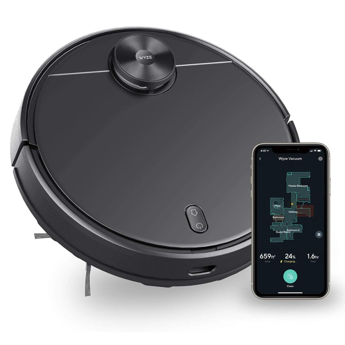 The Wyze Robot Vacuum with smartphone, white background