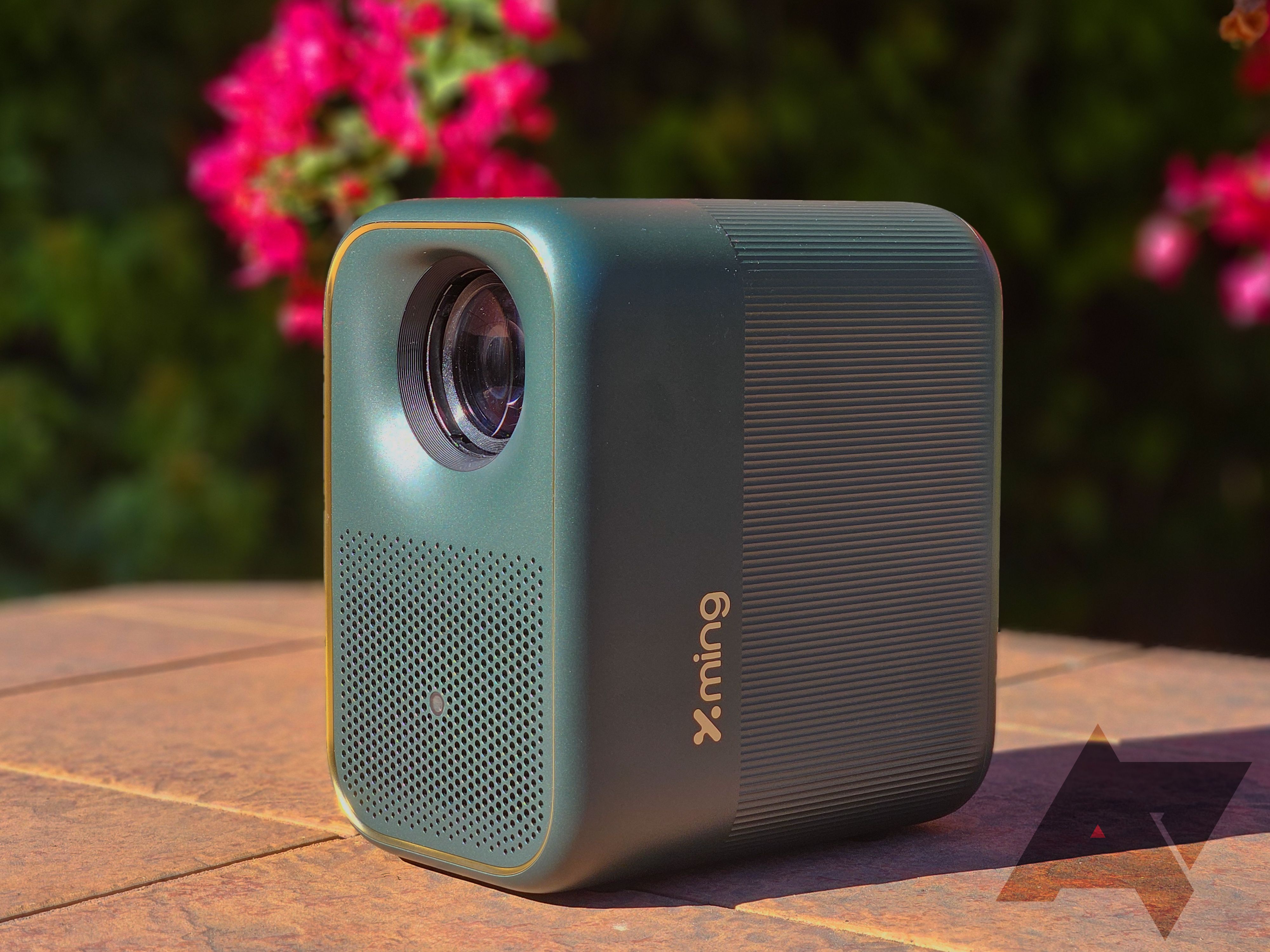 A side view of a laser projector sitting outdoors, with flowers in the background