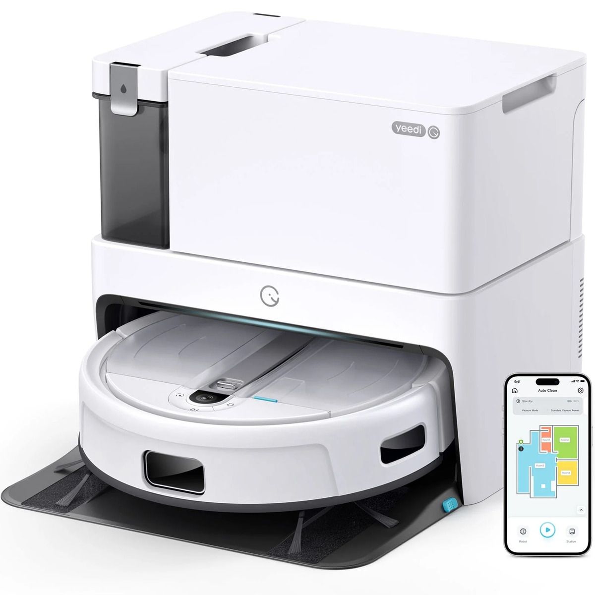 The Yeedi Cube Robot Vacuum-Mop and a smartphone against a white background