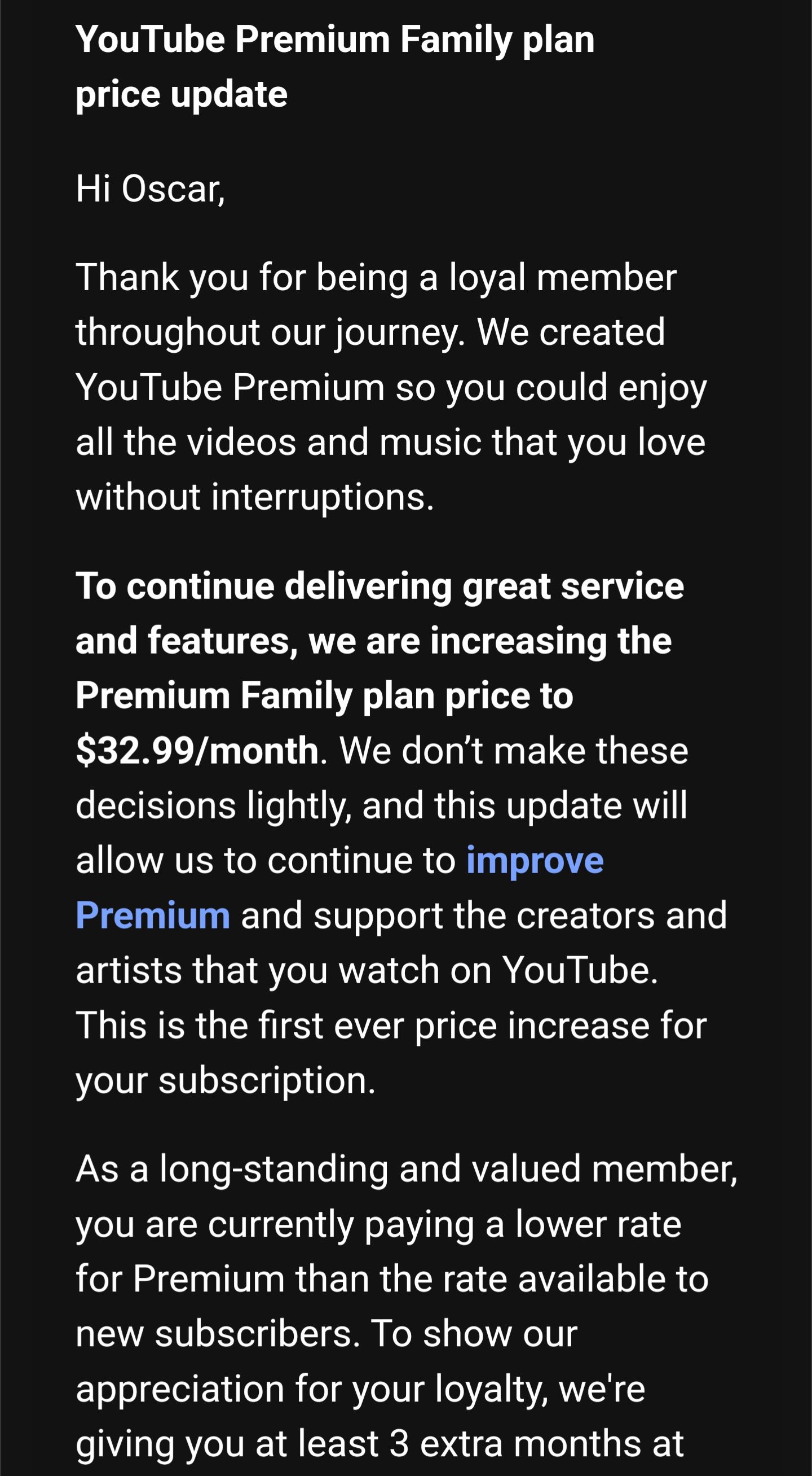 YouTube Price hike email in Australia