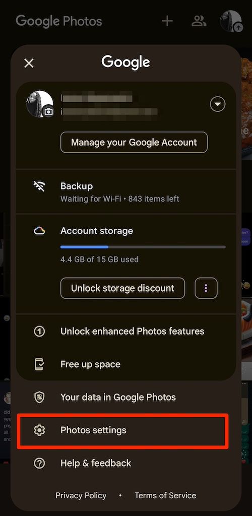 Account menu options in Google Photos app