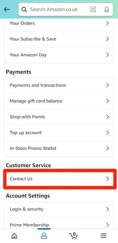 Account options on Amazon Shopping app