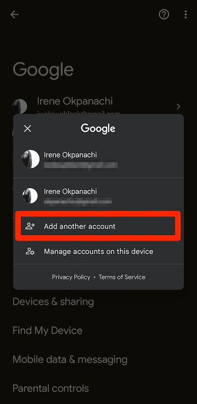 Add another account option in Google menu on Android