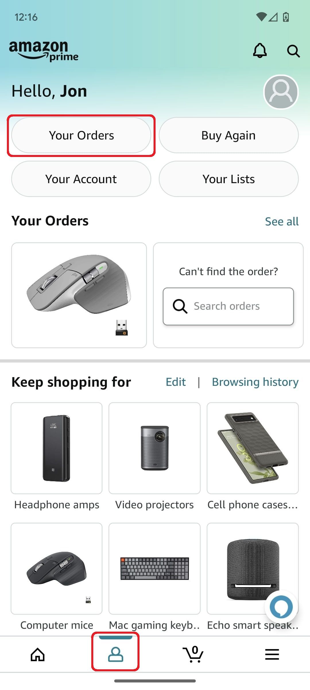 Amazon shopping app profile screen