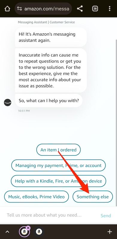 Amazon chatbot options on the mobile website