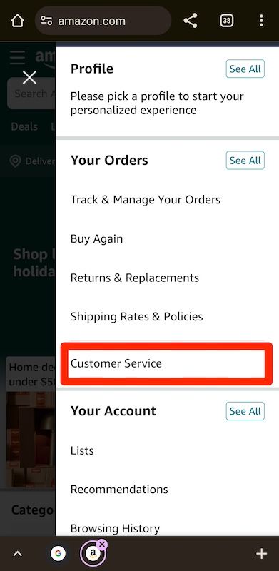 Amazon profile options on mobile browser