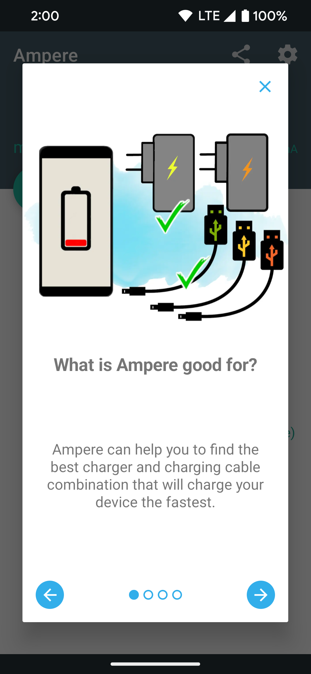 The FAQ screen walkthrough in the Ampere app for Android