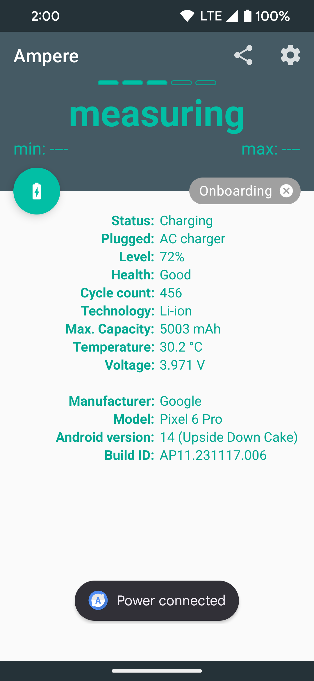 The Ampere app on Android in now measuring the charging speed