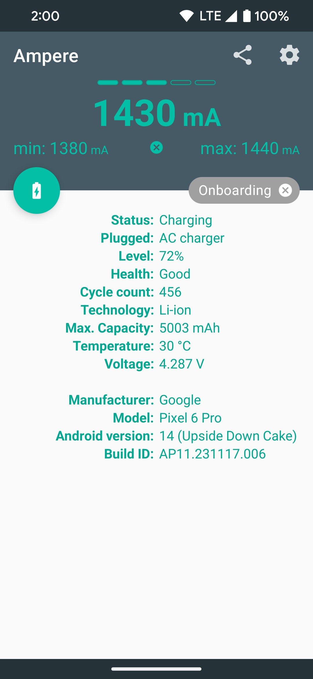 The Ampere app on Android is now showing the initial charging speed results
