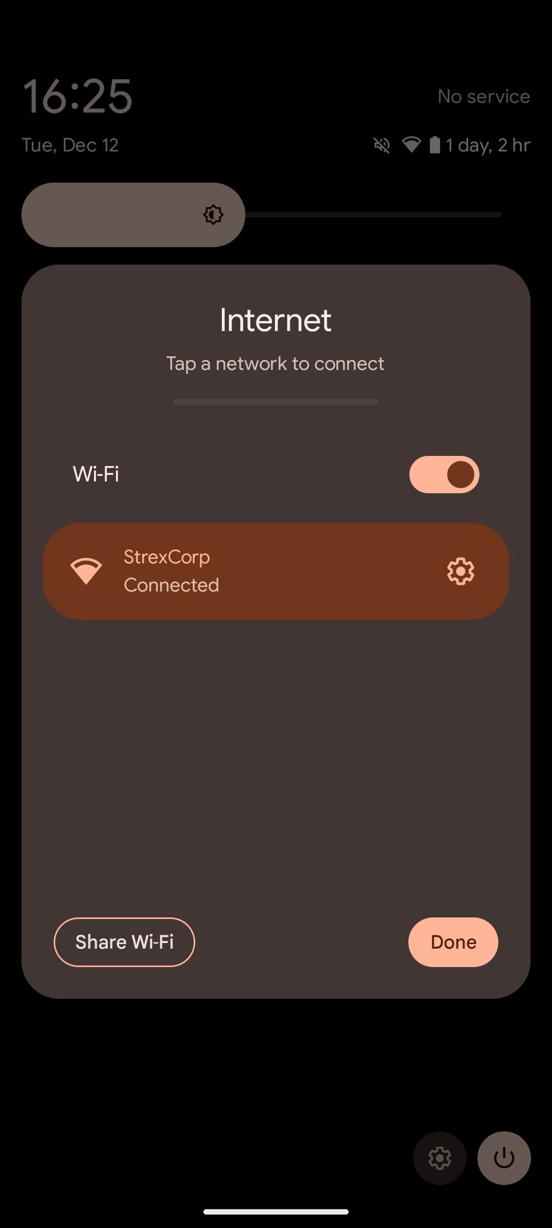 Screenshot of Android 14 QPR2 Beta 2's new Share Wi-Fi button in the quick settings pop-up