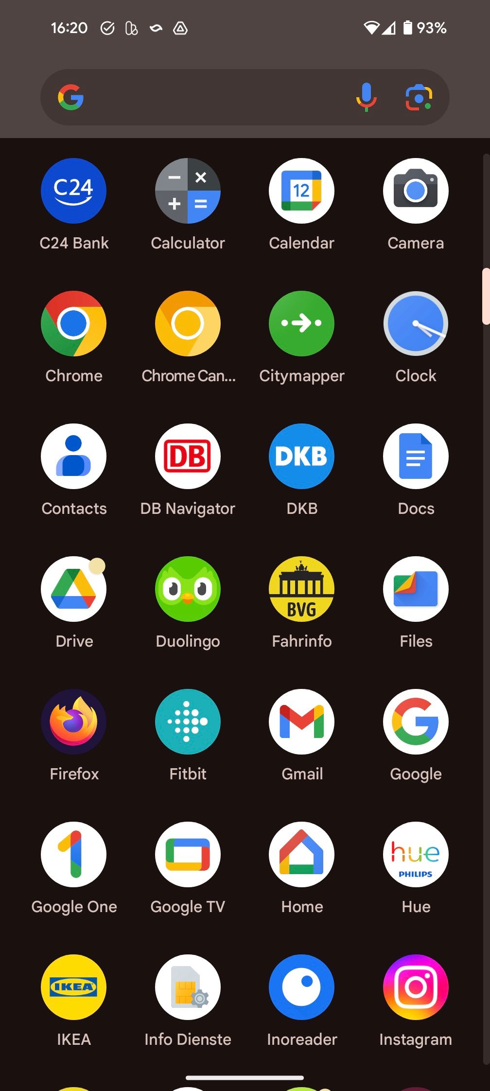 Screenshot of Android 14's app drawer showing single-line app names