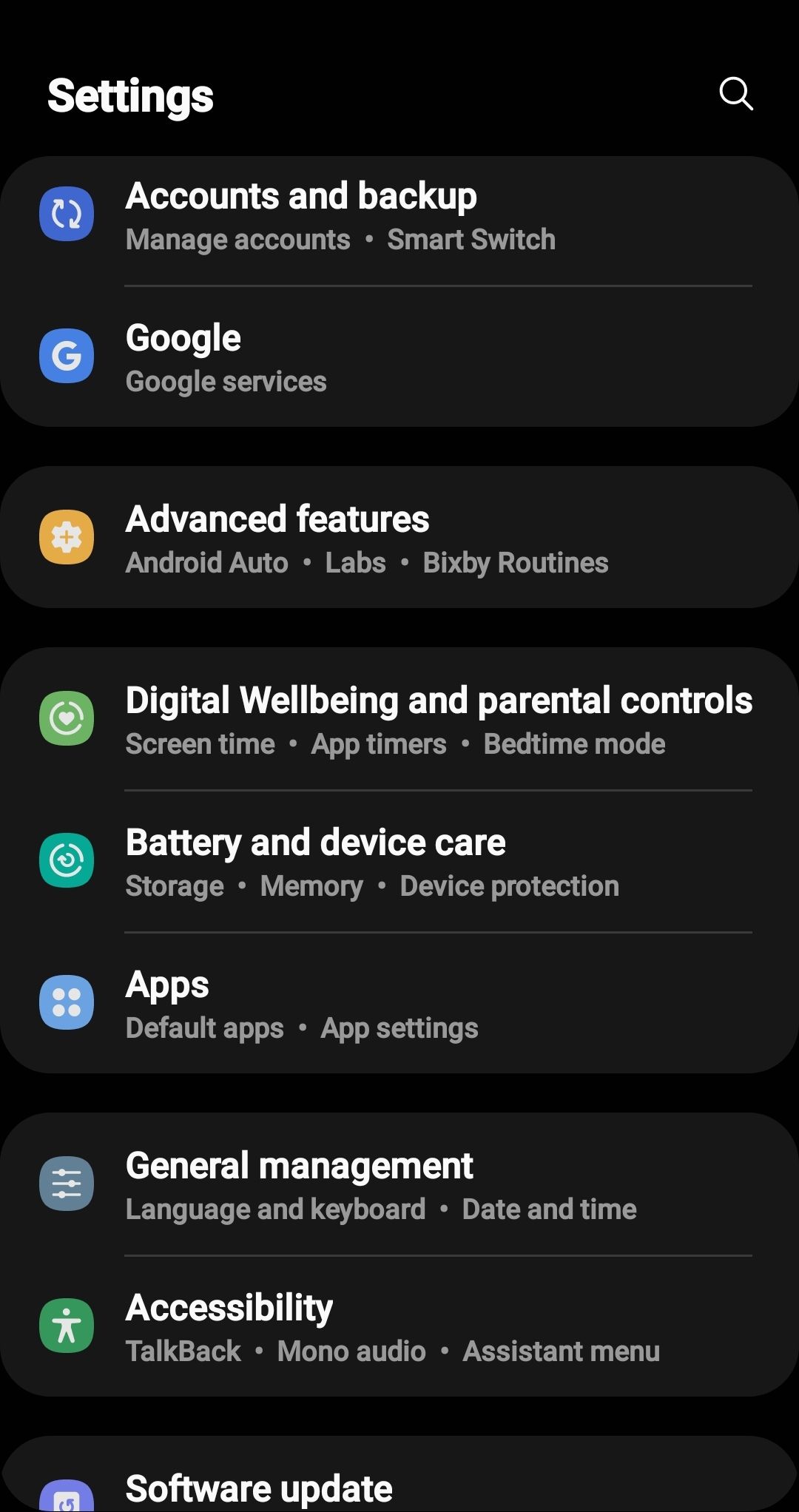 A screenshot of the Android Galaxy S10 settings menu