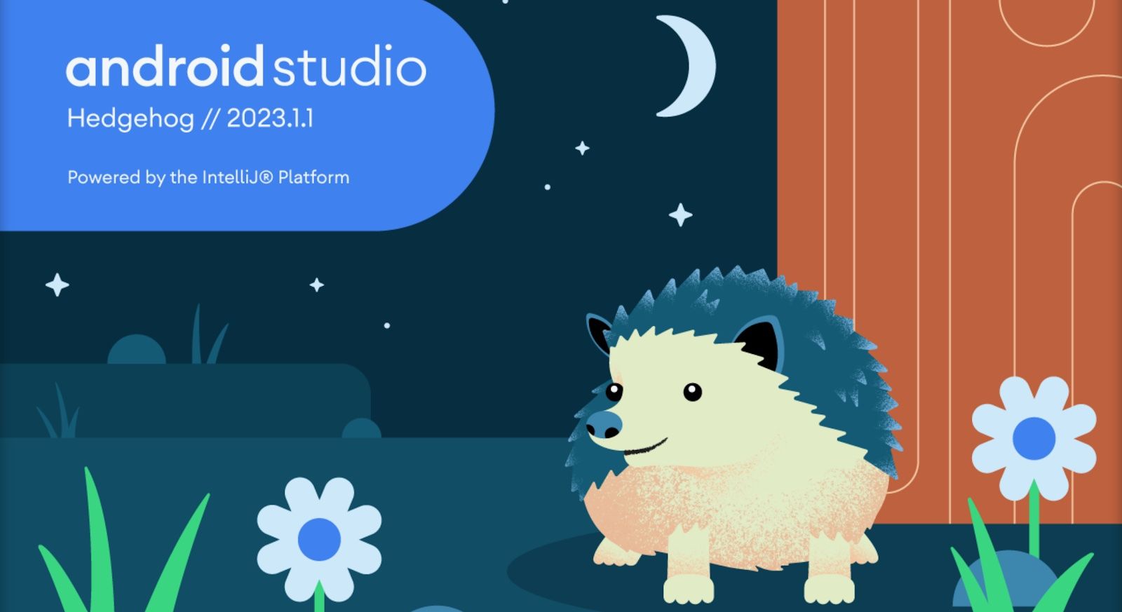 An artistic illustration for Android Studio 2023.1.1 Hedgehog's release, featuring a drawn hedgehog on meadow at night