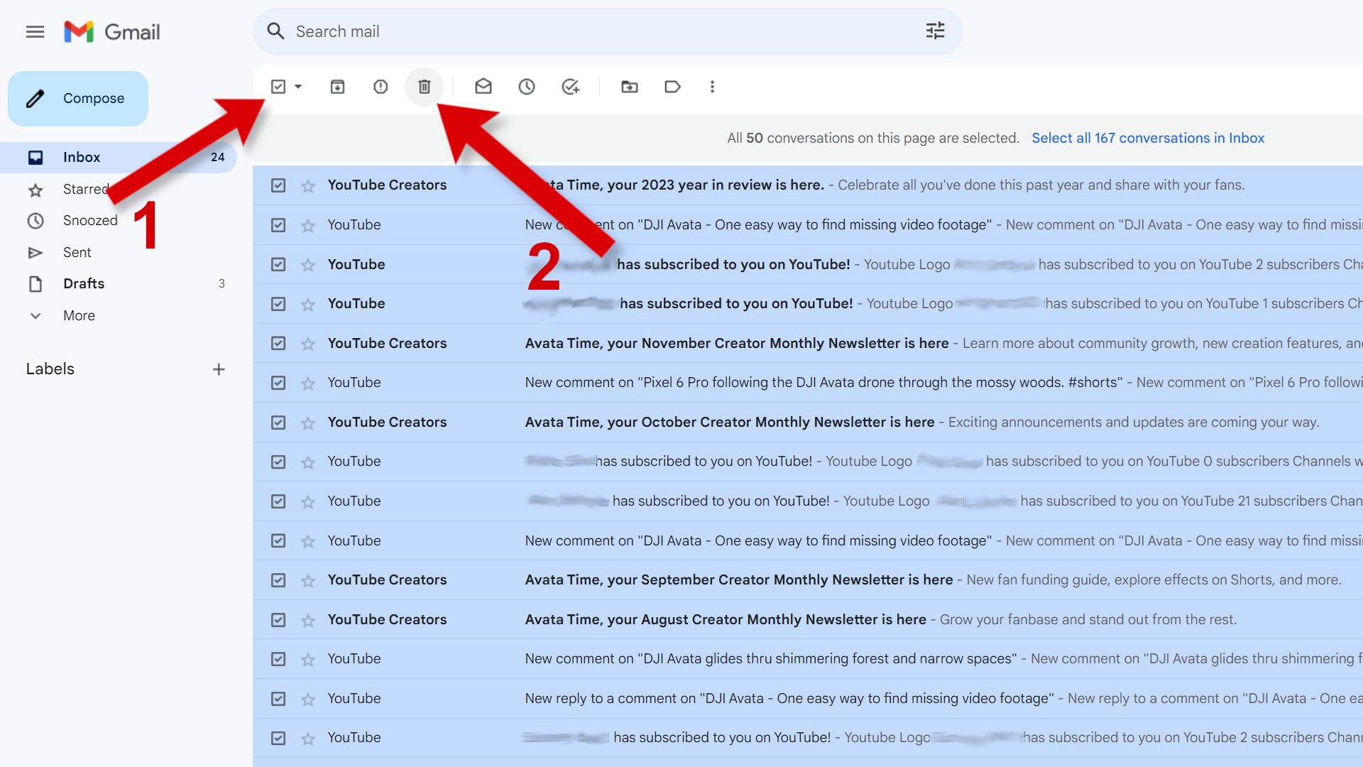 Arrows show the steps to select multiple emails in Gmail and delete them all.