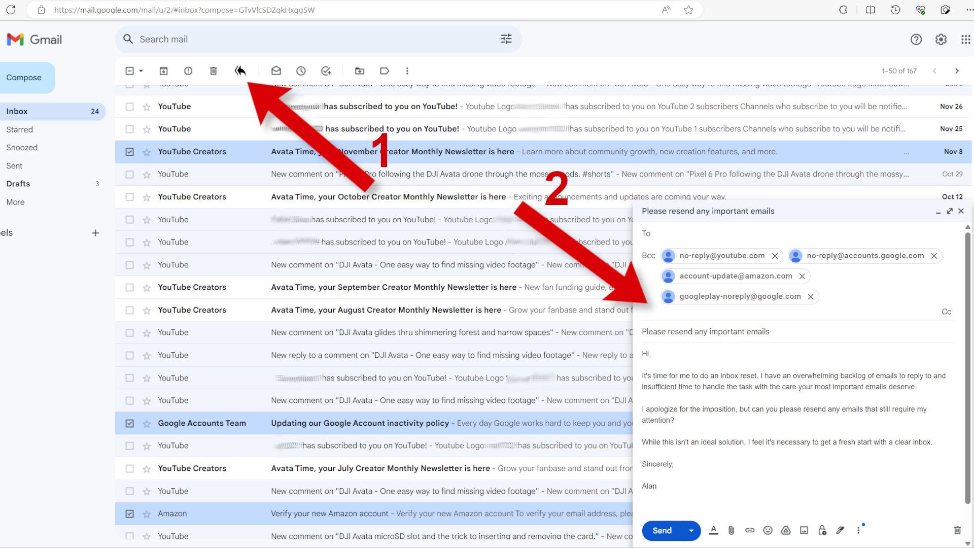 Arrows show the steps to select multiple emails to send a Batch Reply to all with the same content