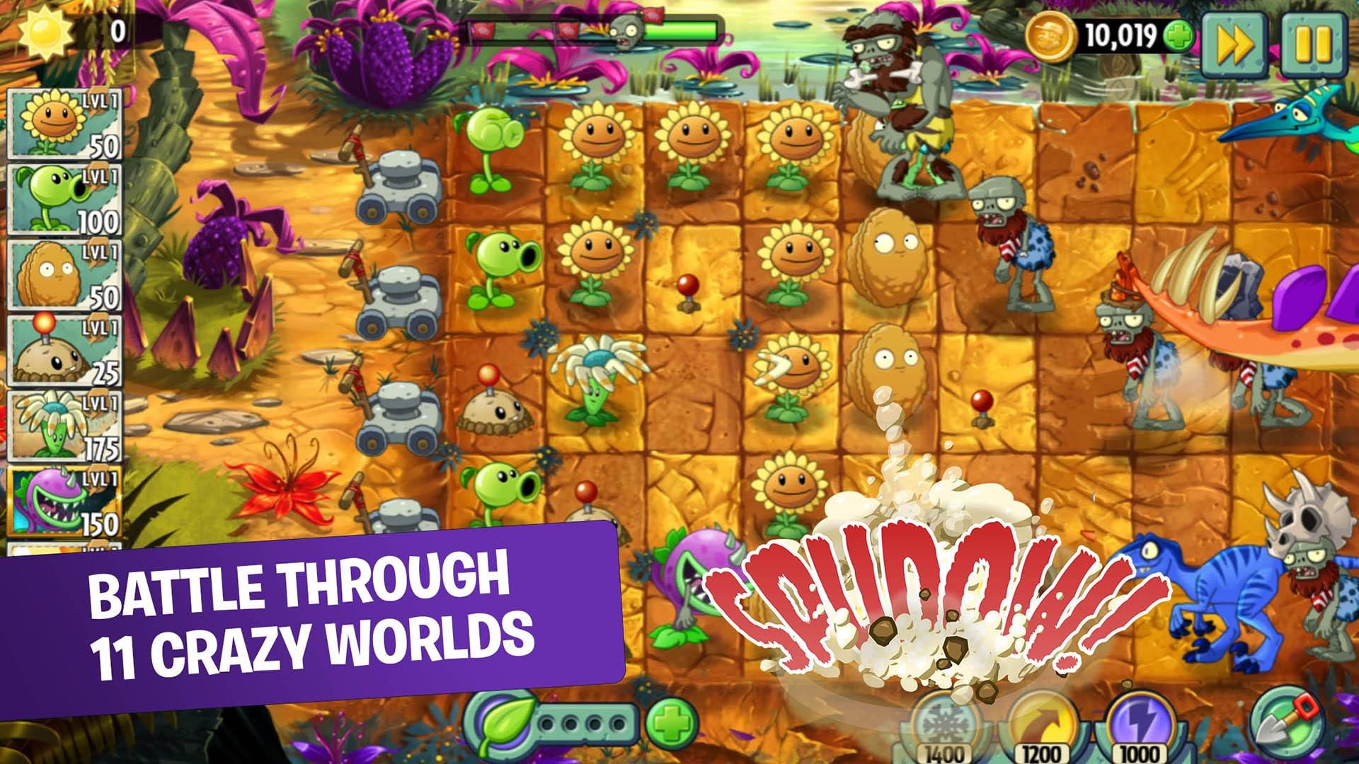 Battle through 11 crazy worlds in Plants vs Zombies 2