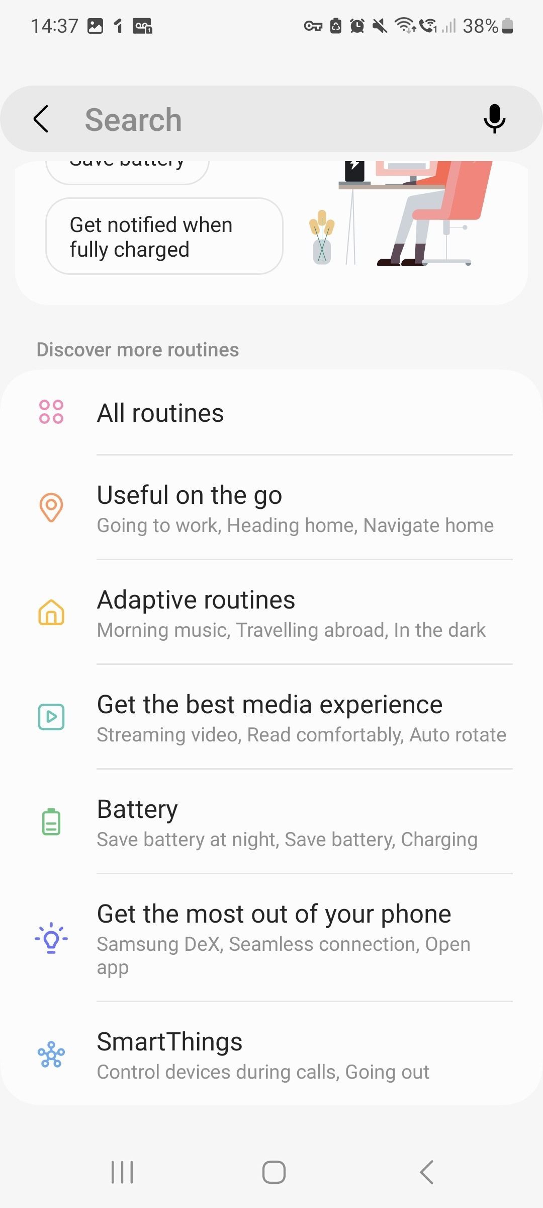 the preset routines categories in the Bixby app