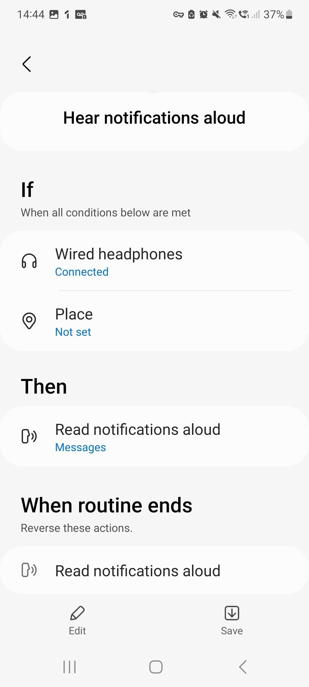 screenshot of bixby preset routine hear notifications aloud