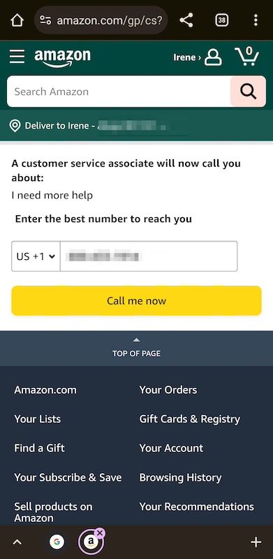 Call request webpage on Amazon mobile website