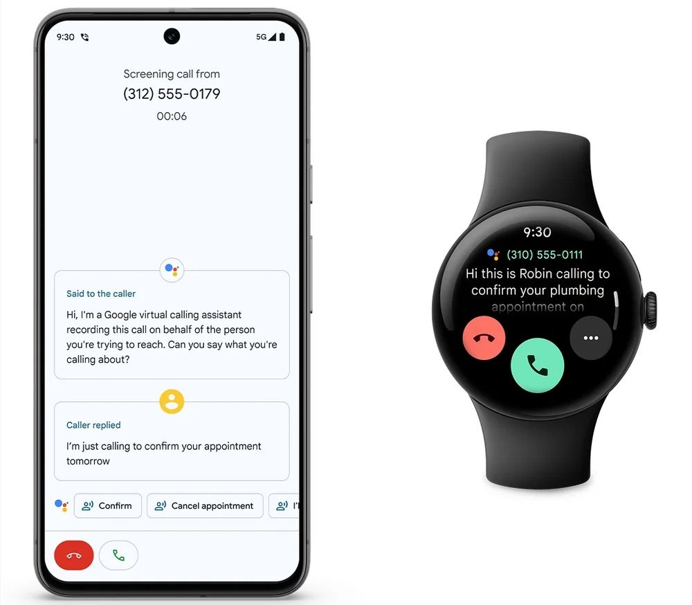 pixel phone and pixel watch showing call screening