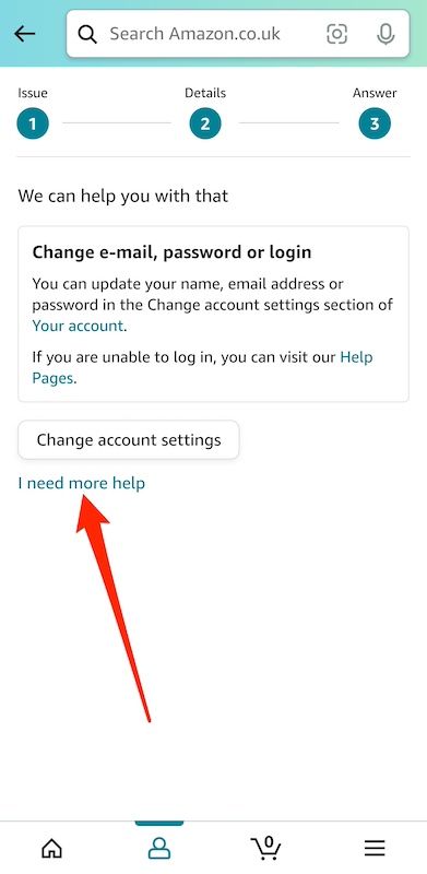 Change email password or login menu on Amazon Shopping app