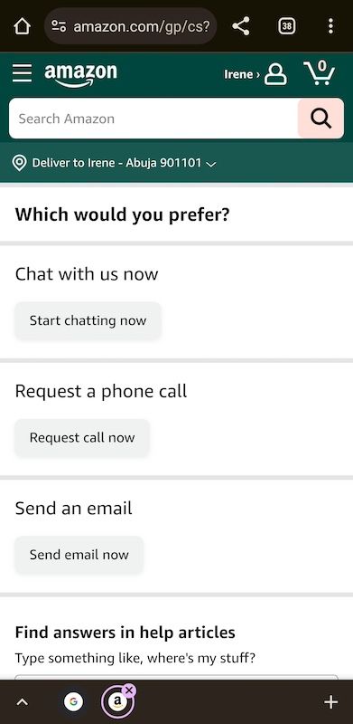 Chat call and email contact options on Amazon mobile website