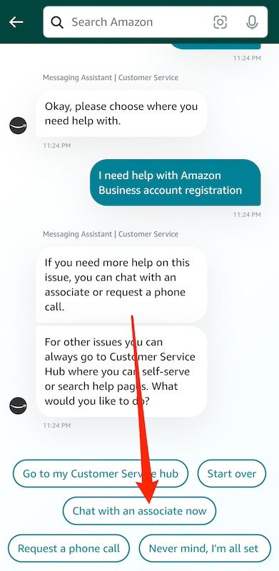 Chat with an associate option on Amazon Shopping app