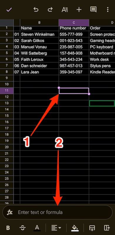 Customer order information spreadsheet in Google Sheets mobile app