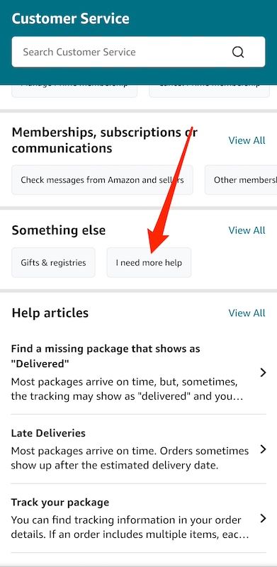 Customer Service menu on Amazon mobile website