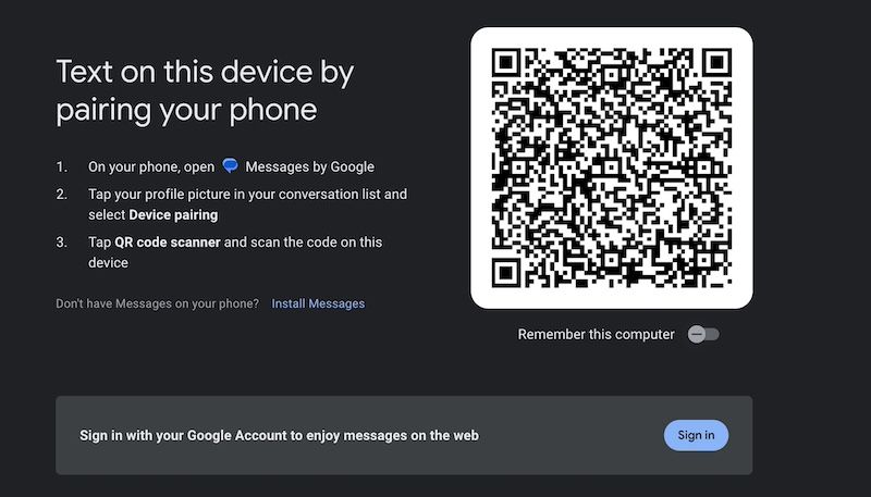 Device pairing instructions for Google Messages web