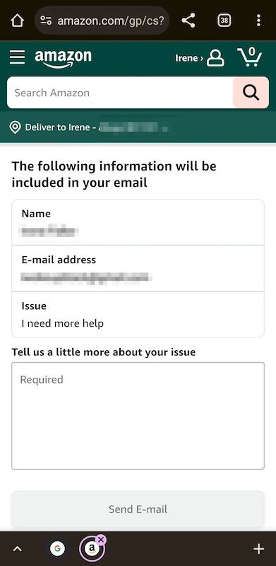 Email form on Amazon mobile website