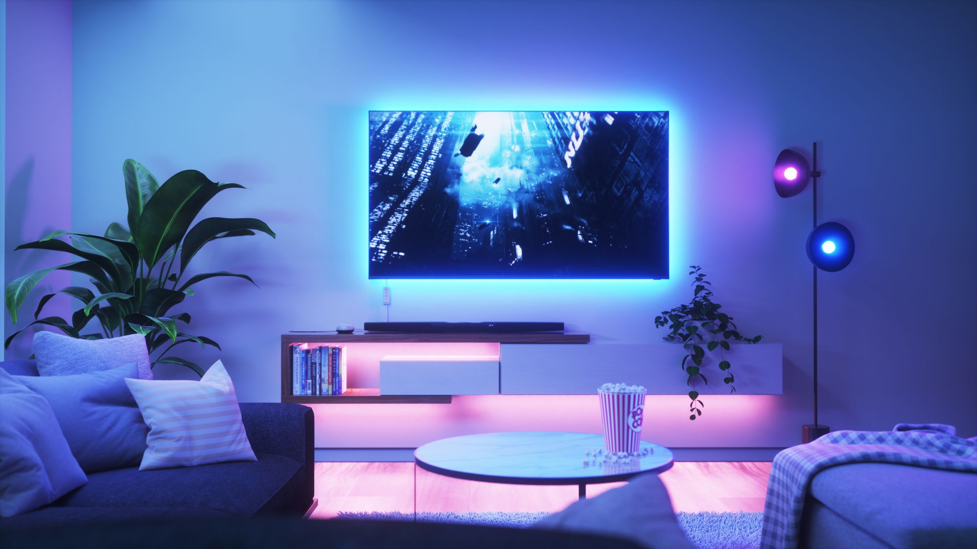 Image showing a room lit with a mellow blue from various nanoleaf bulbs