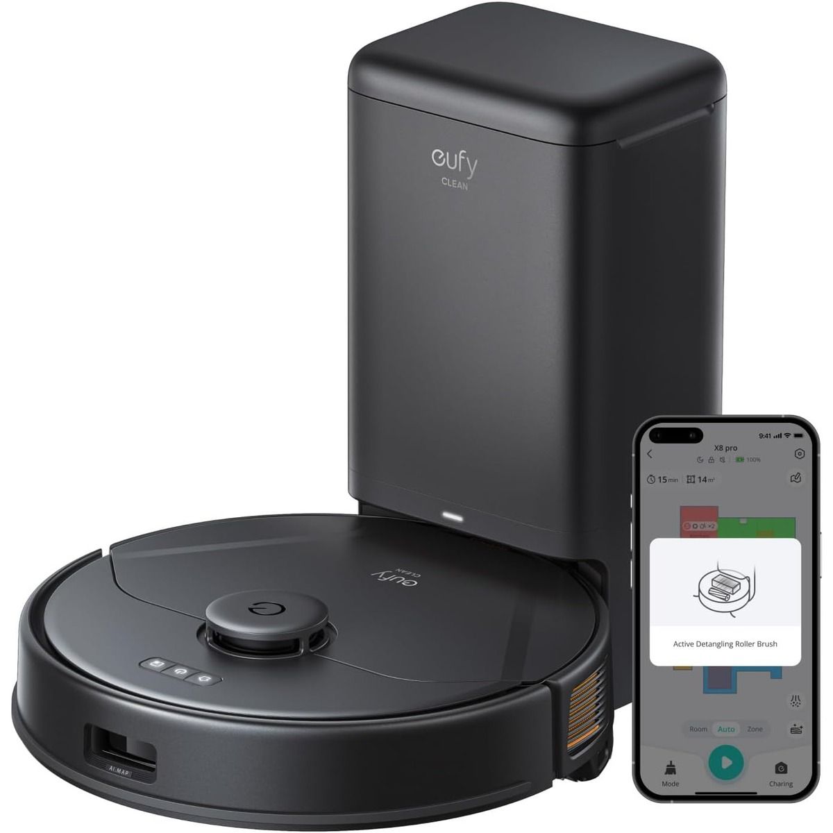 The Eufy Clean X8 Pro Robot Vacuum and a smartphone against a white background