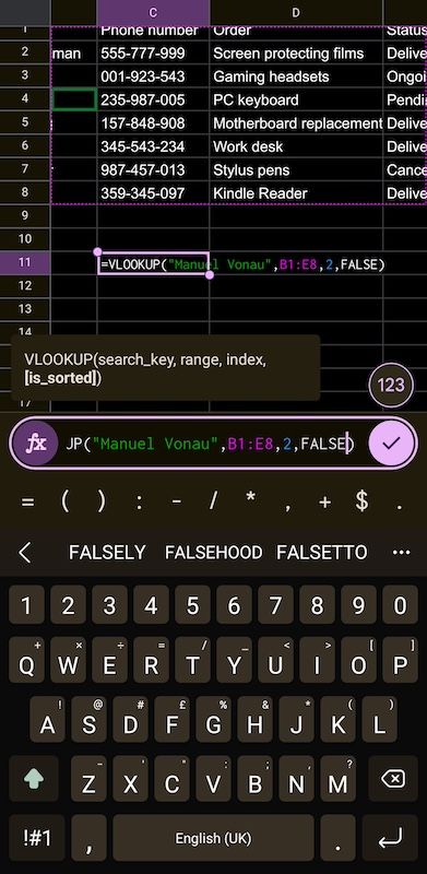 Finding customer phone number with VLOOKUP function in Google Sheets mobile app