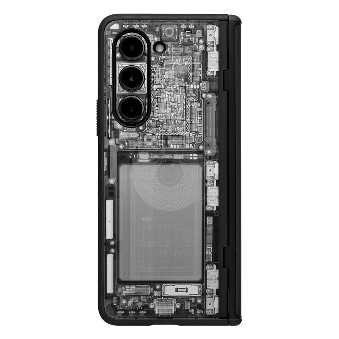 A photo of the Dbrand Grip case for the Galaxy Z Fold 5 with the X-Ray skin applied