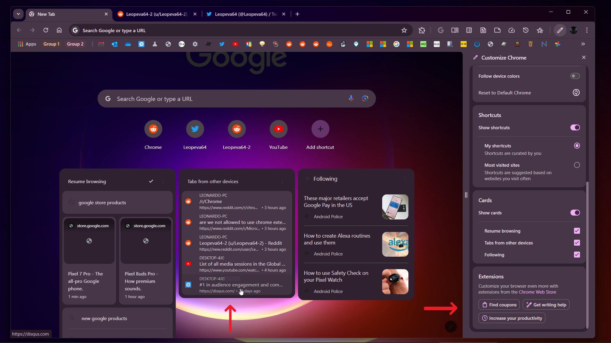 Az screenshot of Google Chrome new tab page with the card for synced browsing history enabled