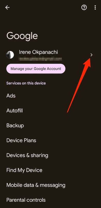 Google menu in Android settings