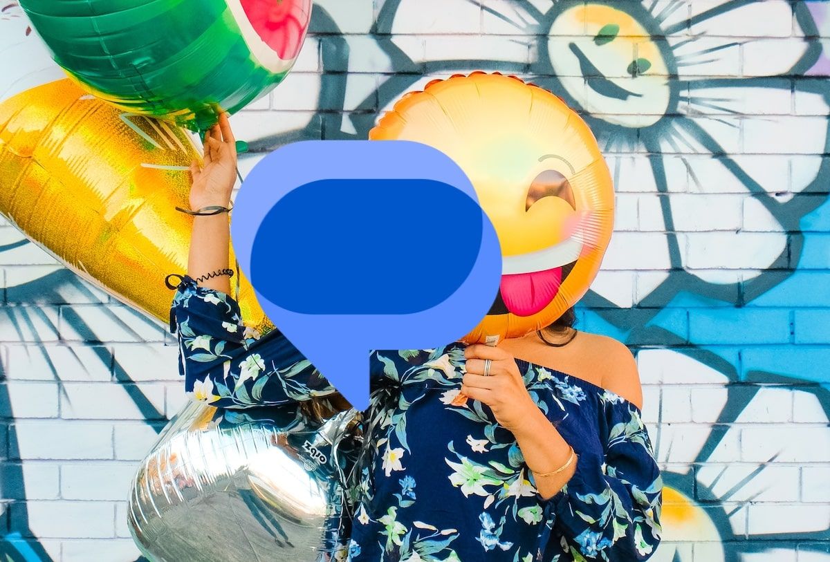 Google Messages logo overlayed on person holding emoji balloons hero image