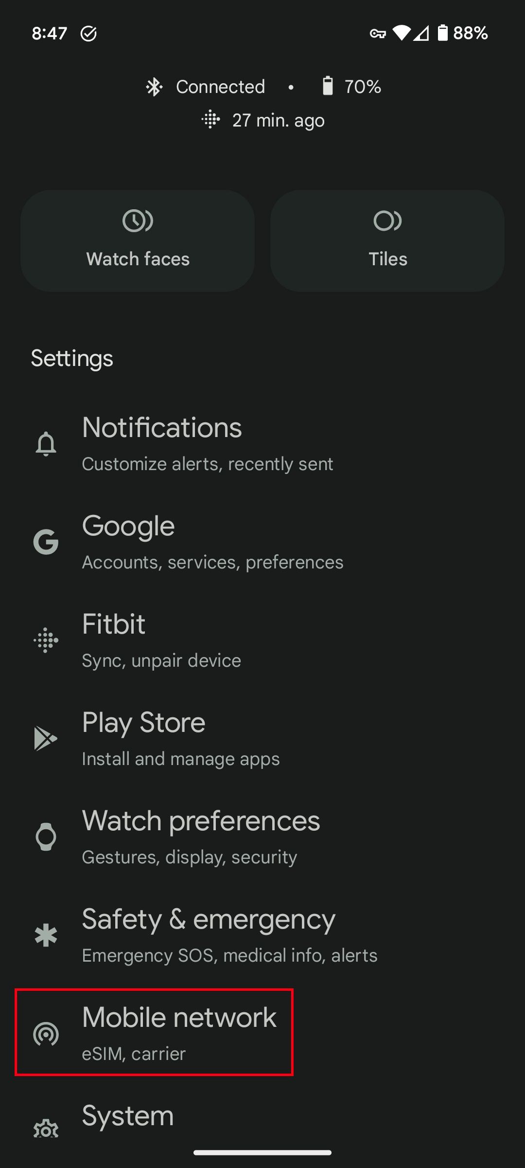 The Google Pixel Watch app with a red box around the Mobile network option