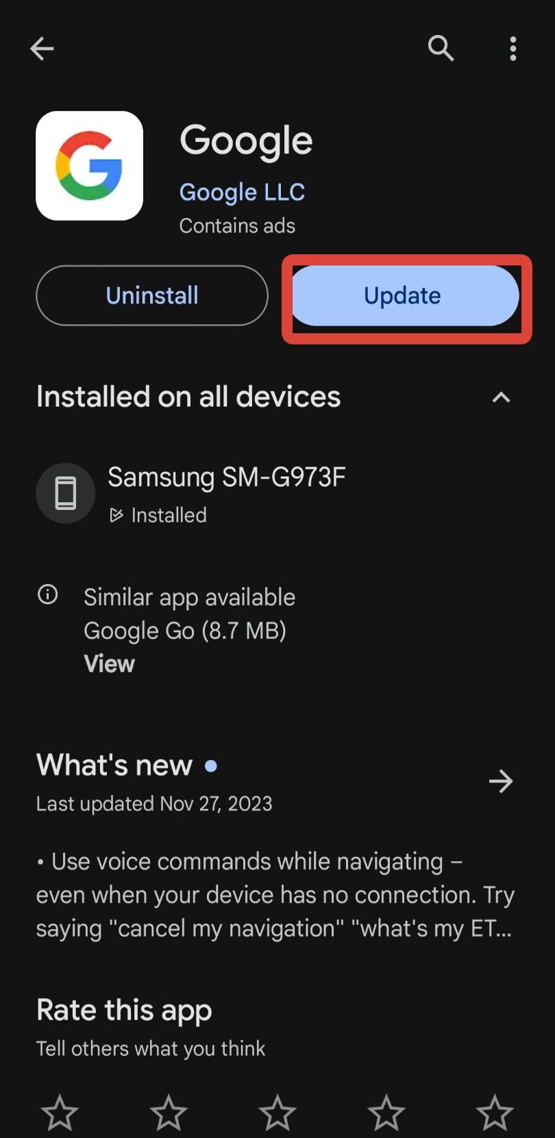 A screenshot of the Google apps Google Play Store page with the update button highlighted