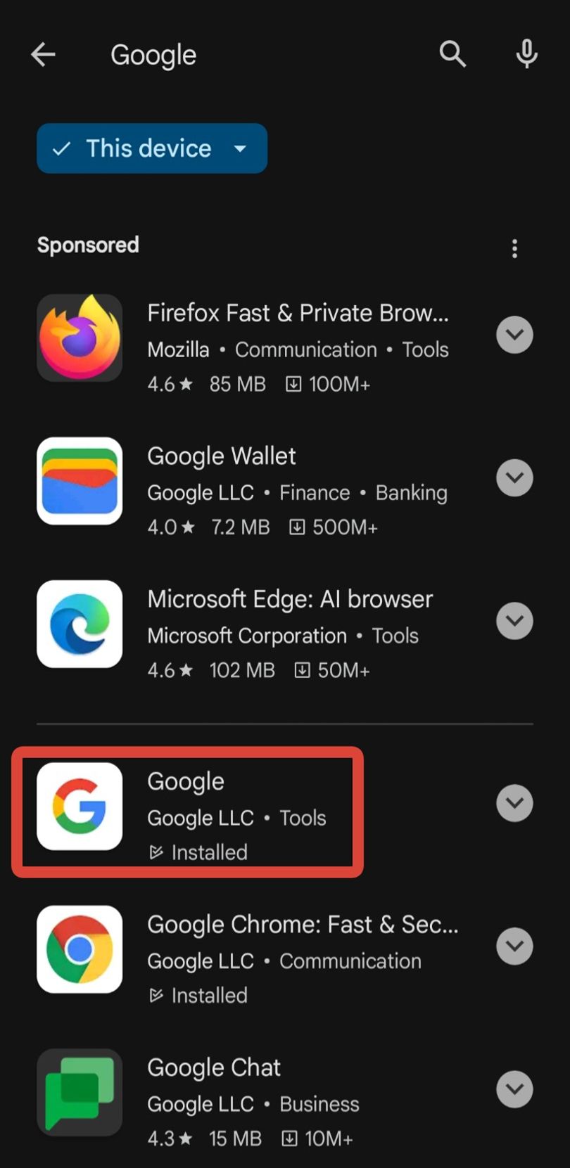 A screenshot of the Google Play Store search results with the Google app highlighted