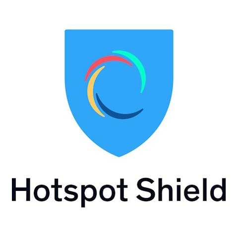 Logo of VPN provider Hotspot Shield comprising the company name under a blue shield