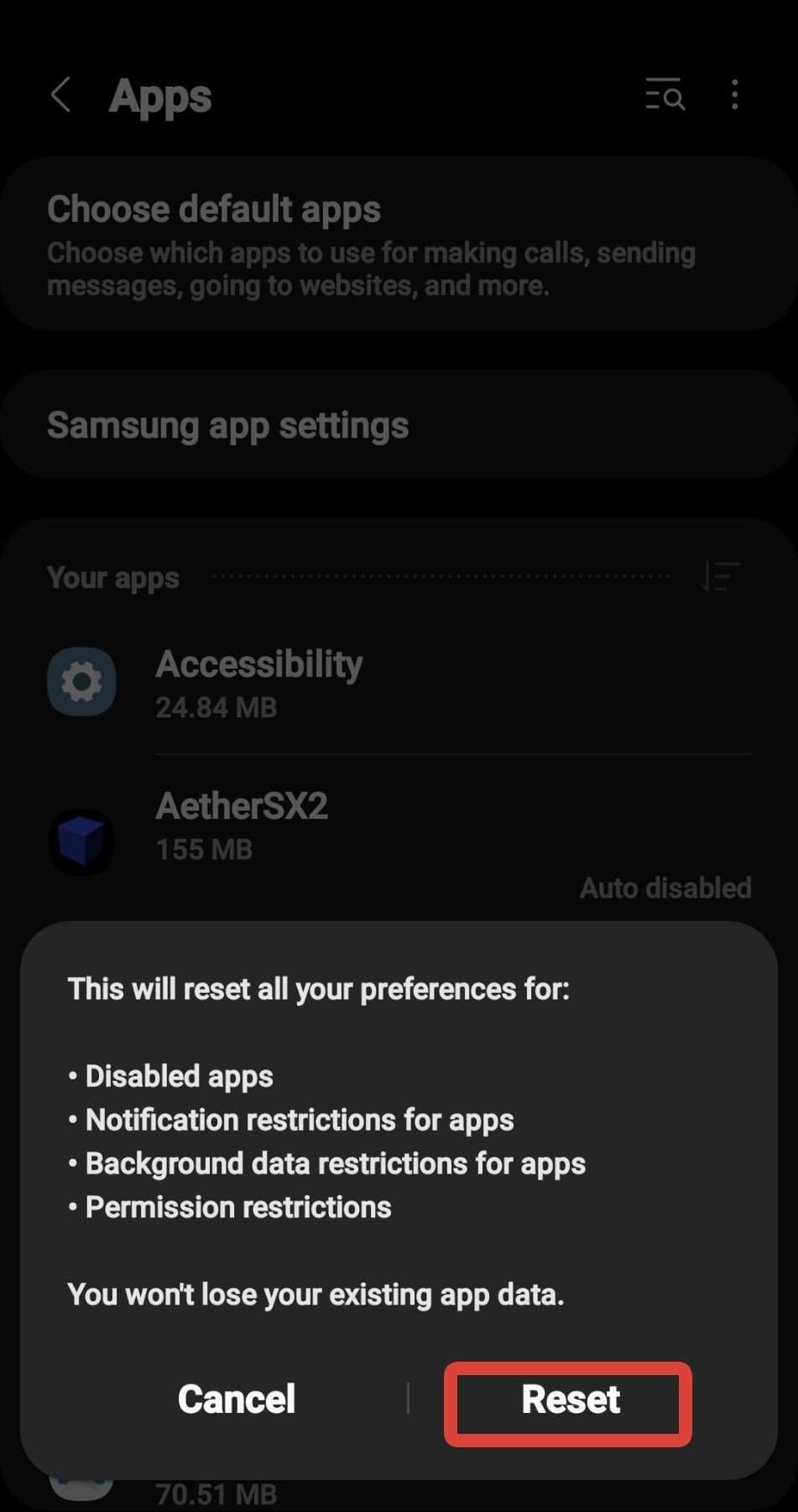 A screenshot of the Android Galaxy S10 app reset prompt with a red highlight