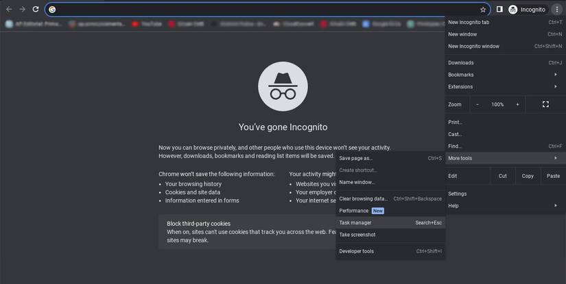 screenshot of a google chrome Incognito page with task manager option highlighted